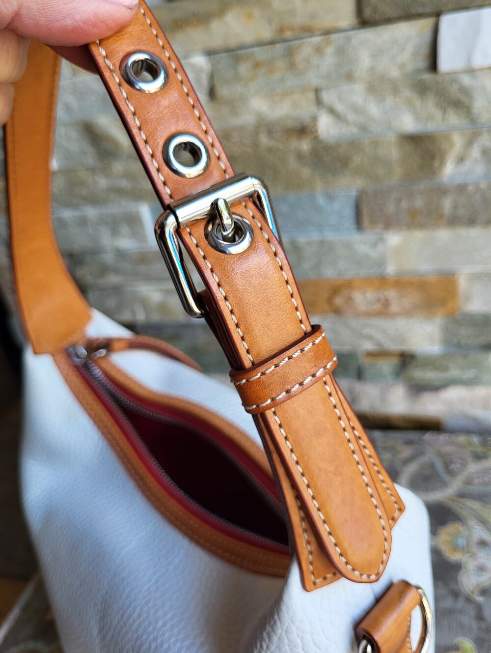 Dooney & Bourke Paige White Pebbled Leather Shoulder Bag with Tan Leather Trim - Picture 4 of 9